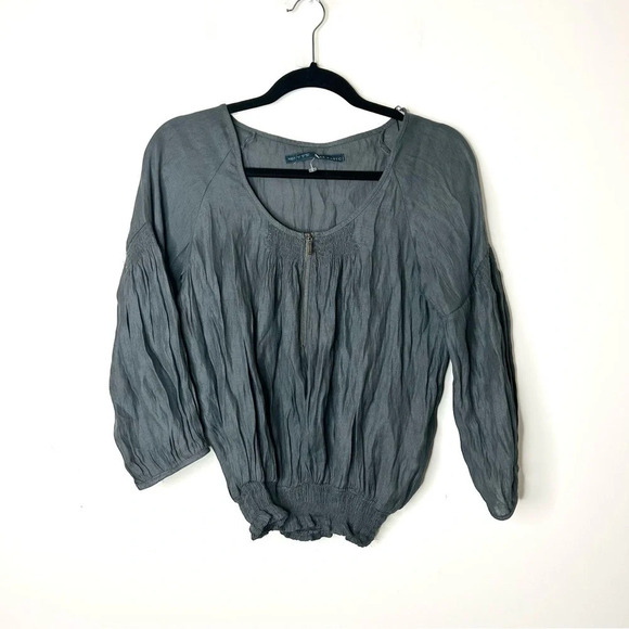 Zara Smocked Peasant Blouse Top Cropped Dark Grey Zip Size  Medium - Picture 2 of 14